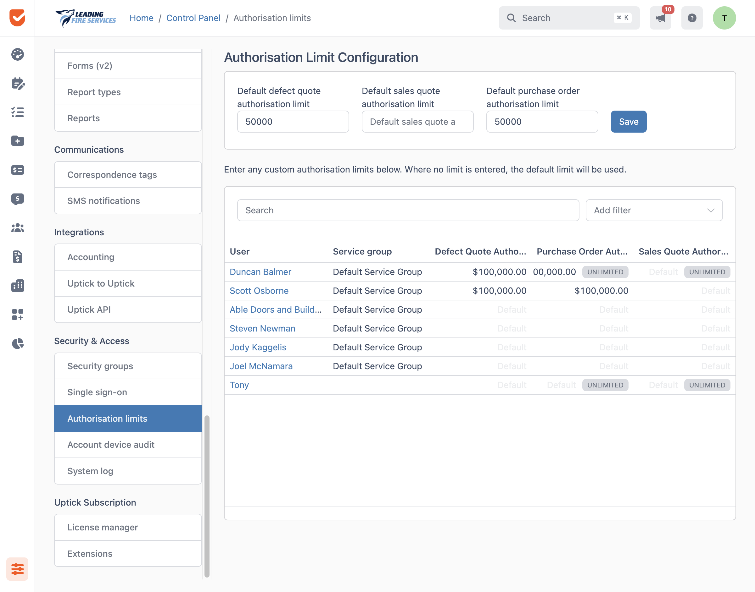Authorisation limits | Control Panel