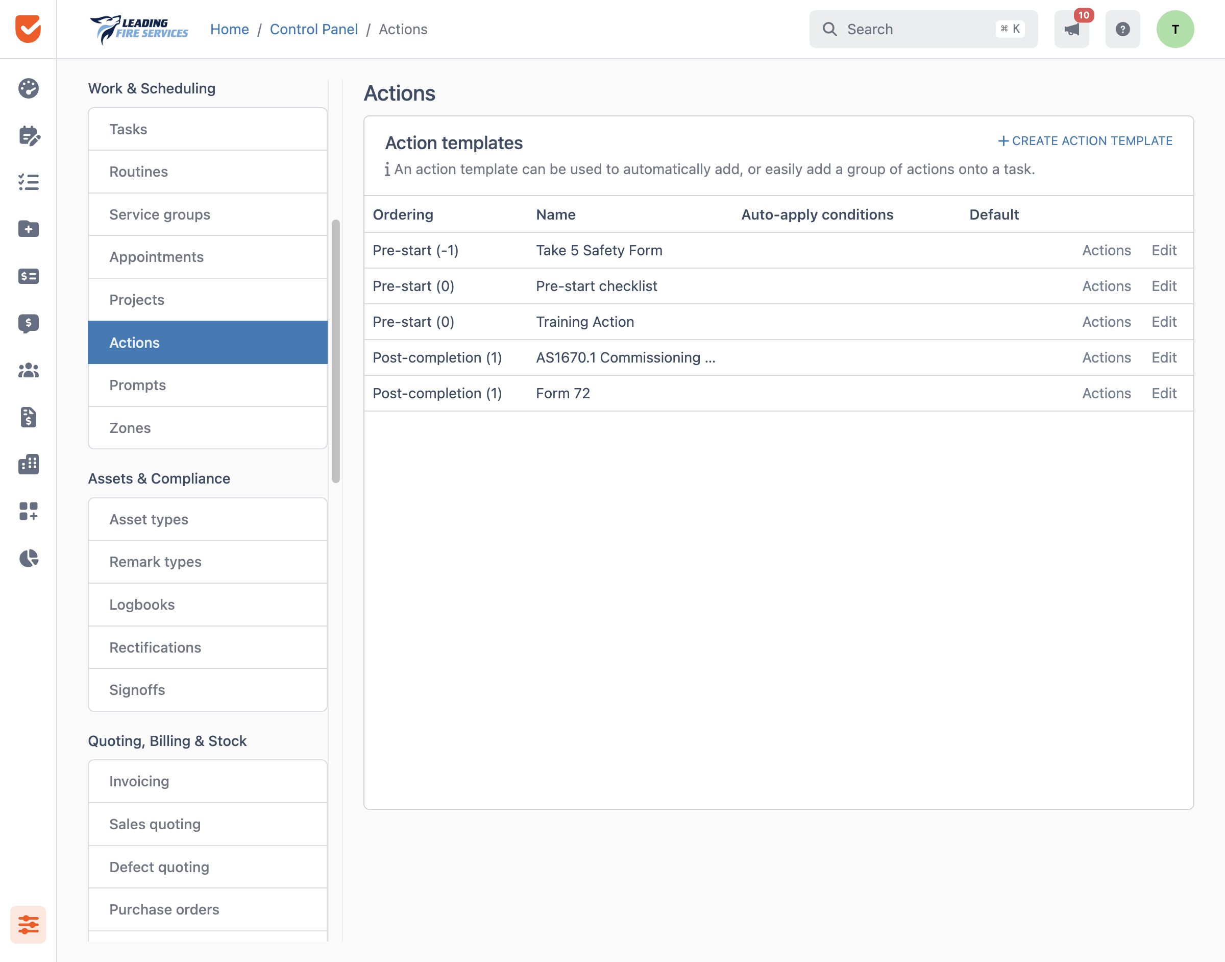 Actions | Control Panel