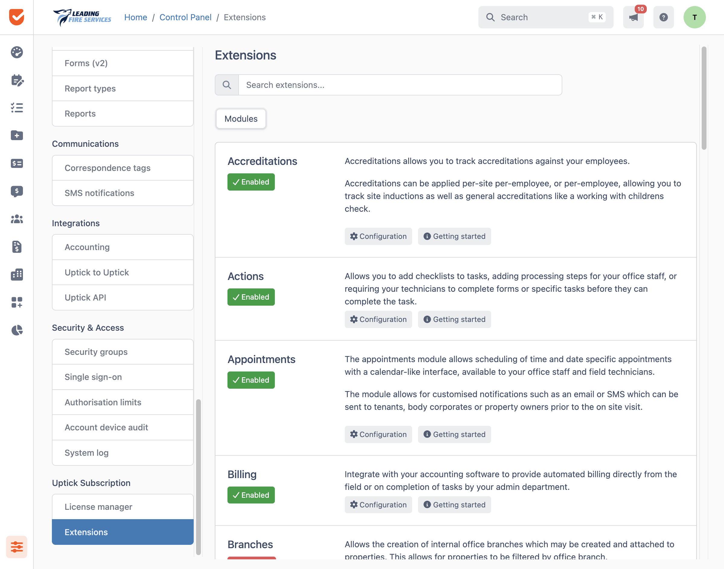Extensions | Control Panel