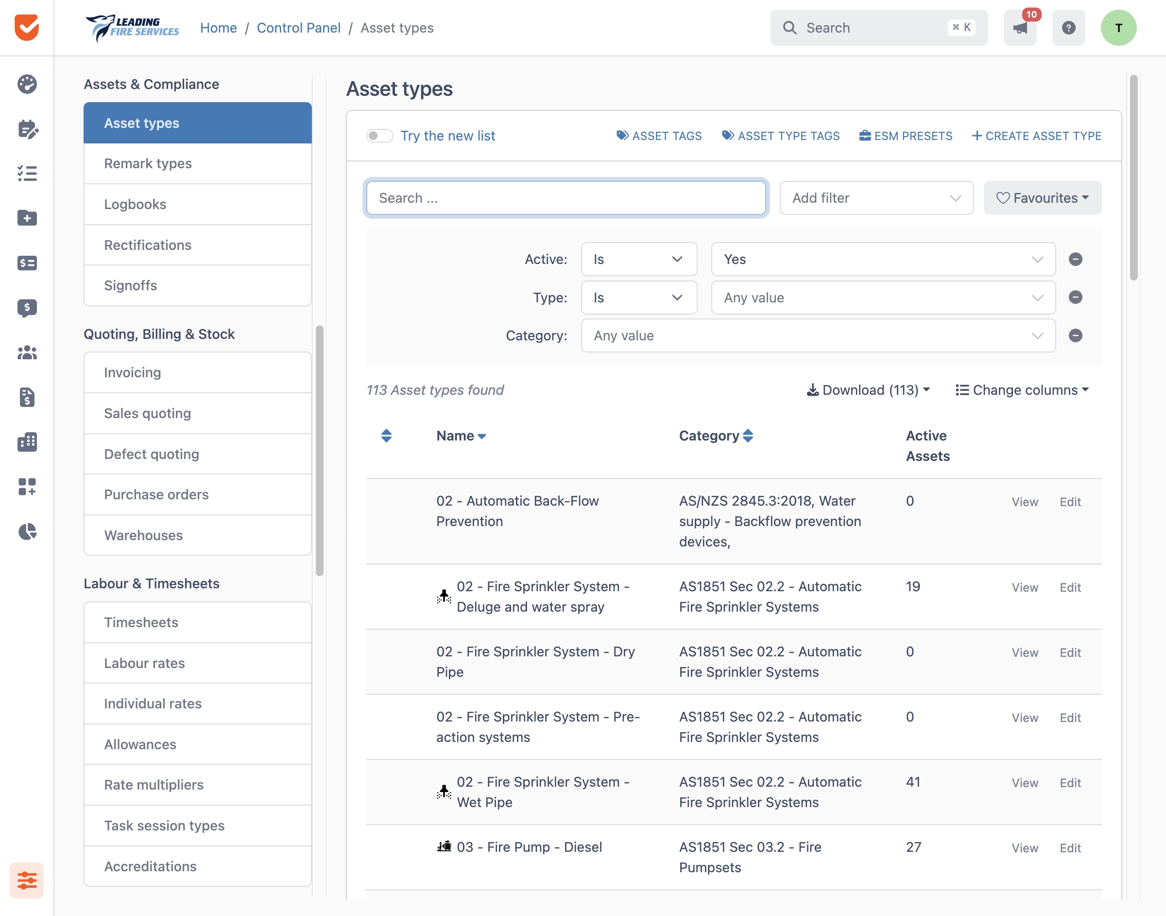 Asset Types | Control Panel