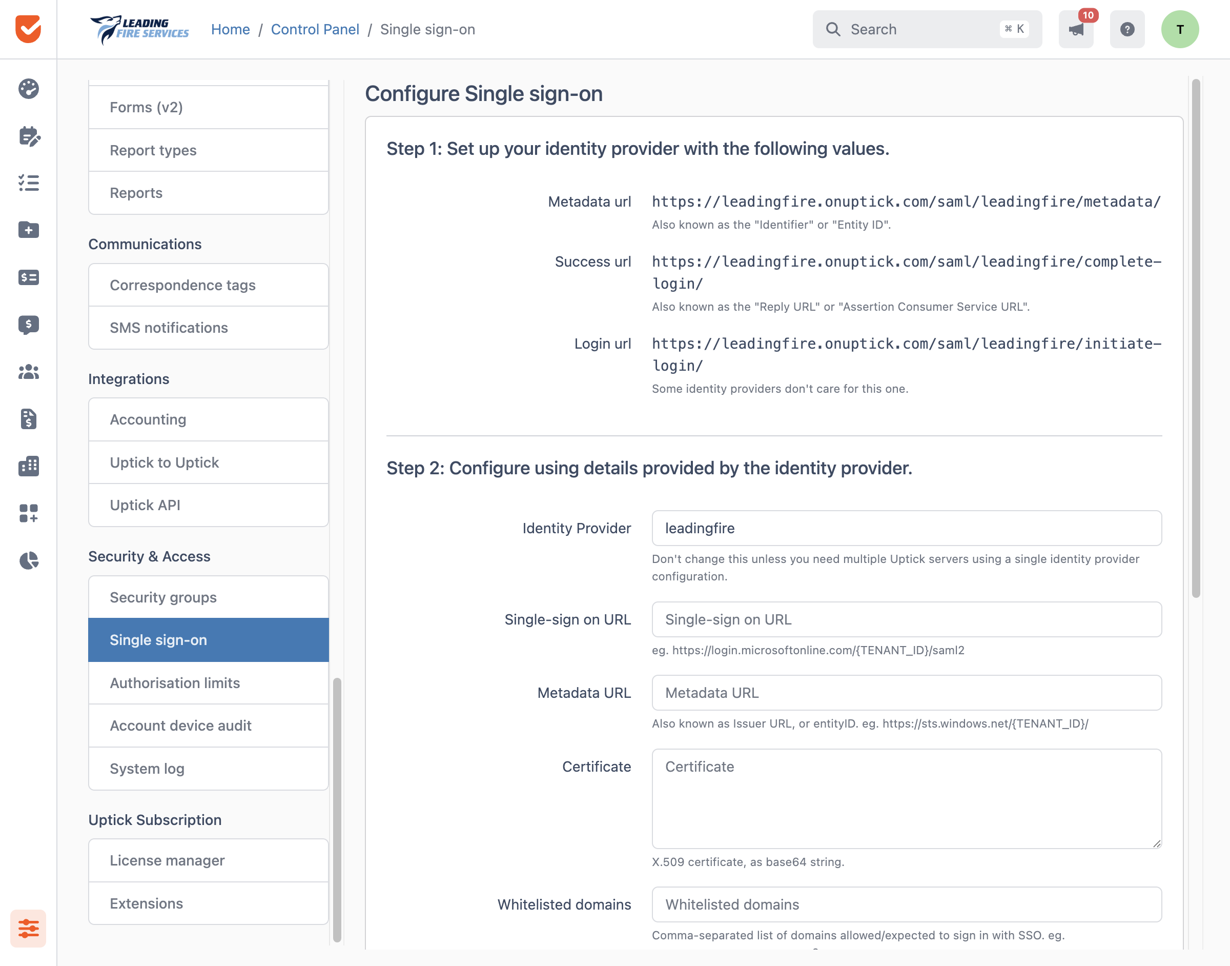 Single sign-on | Control Panel