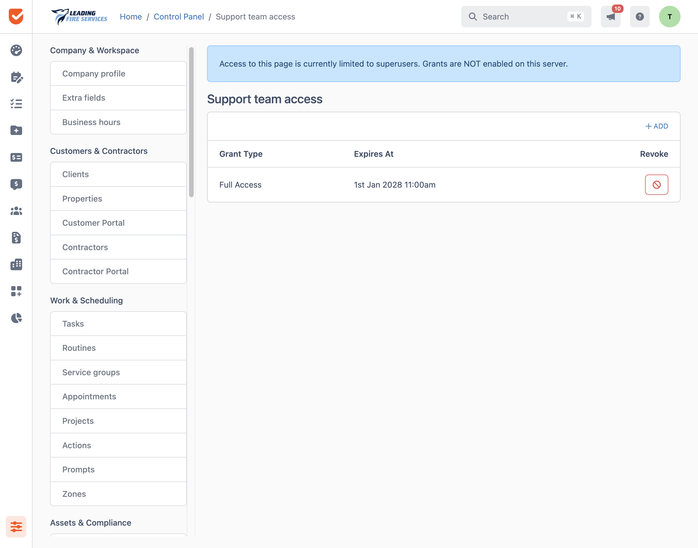 Support team access | Control Panel