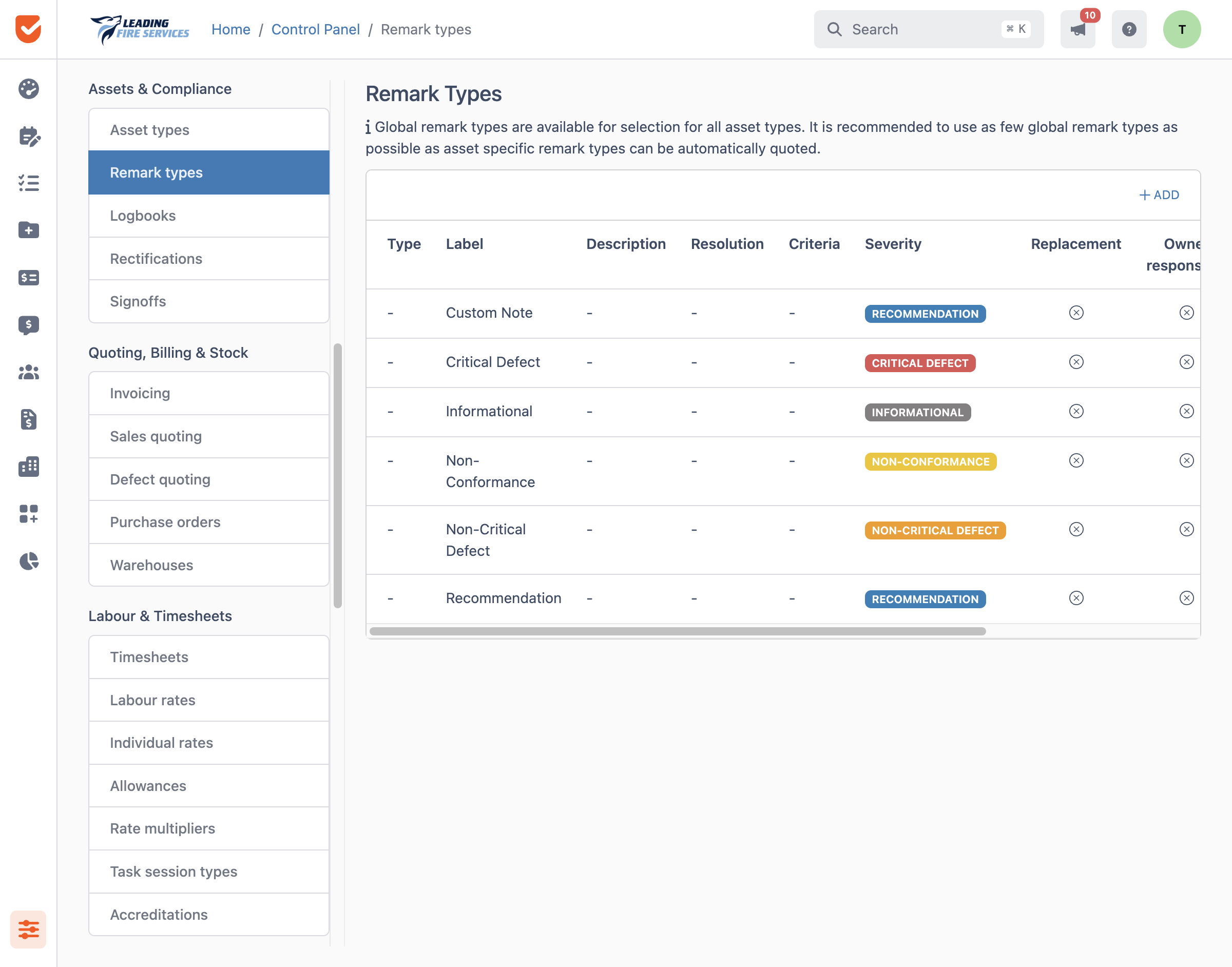 Remark Types | Control Panel